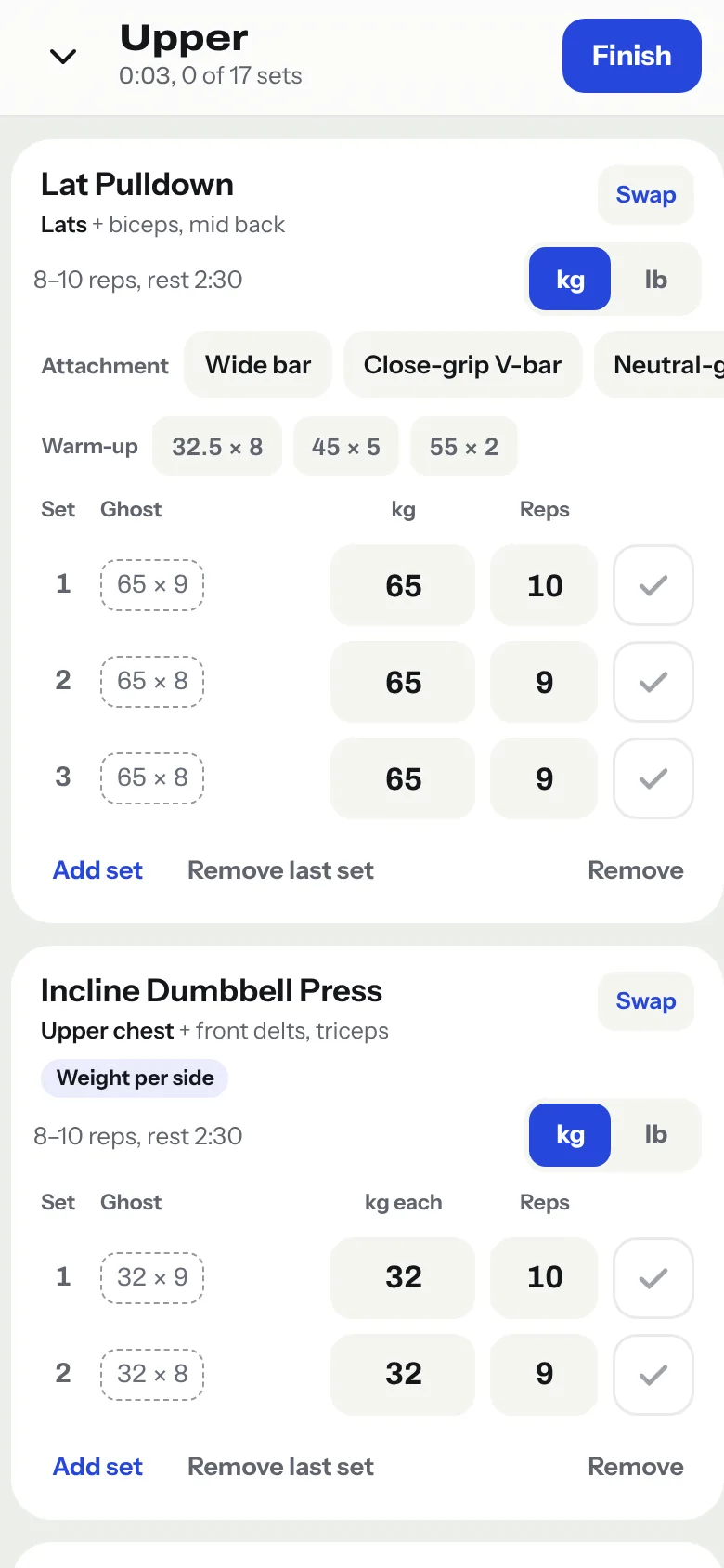 Workout cards: Lat Pulldown with attachment chips for Wide bar and Close-grip V-bar, and Incline Dumbbell Press tagged Weight per side with a kg each column