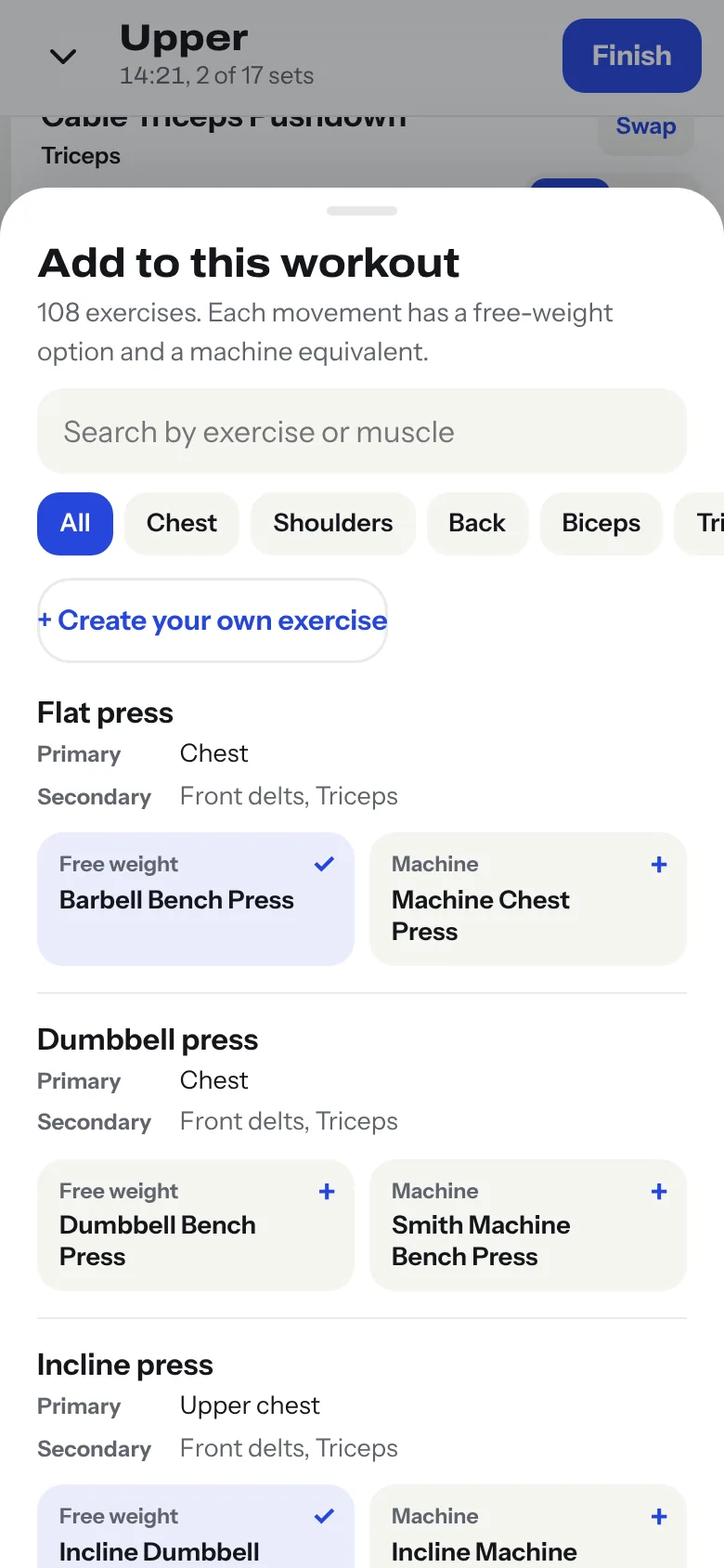 Exercise library with search and muscle filters; each movement offers a free-weight and a machine option