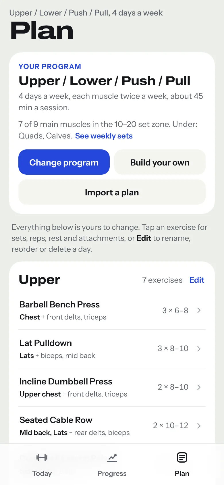 Plan tab: the program card for Upper / Lower / Push / Pull above the Upper day's exercises with sets and reps
