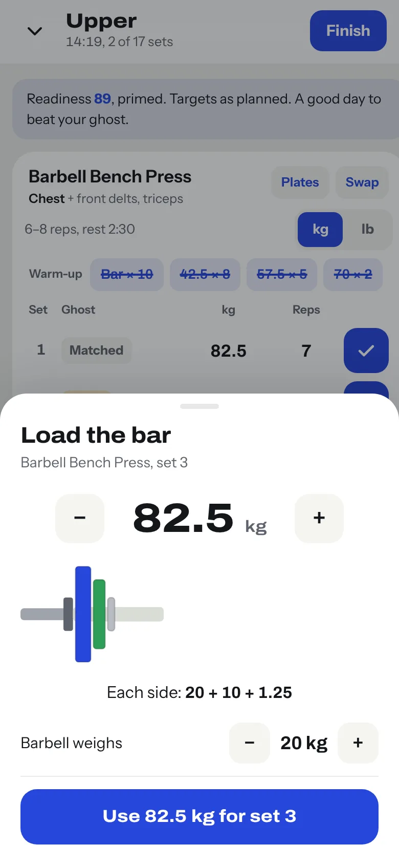 Plate calculator showing 82.5 kg as a 20, a 10 and a 1.25 per side on a 20 kg bar