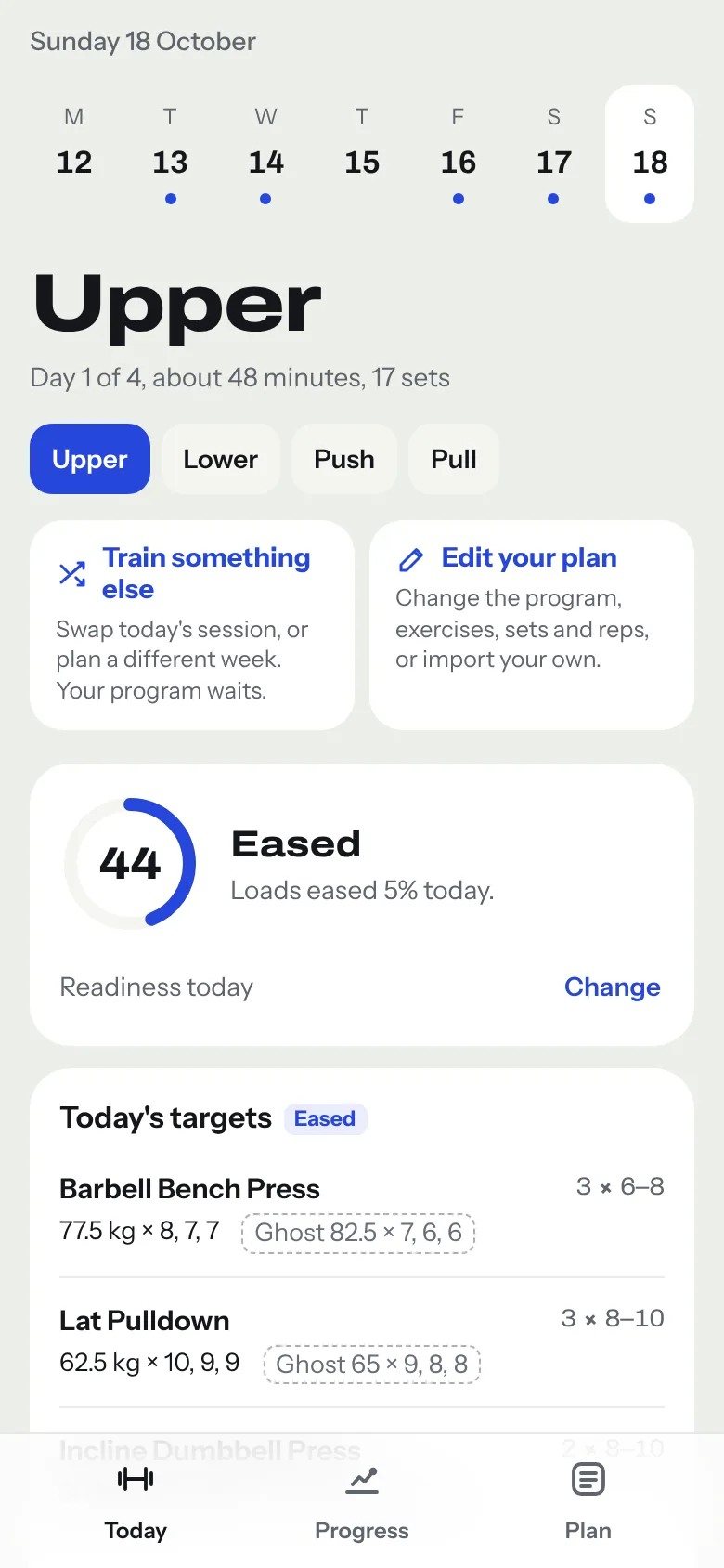 Readiness check-in scoring 44, Eased: loads drop 5% and today's targets are marked Eased