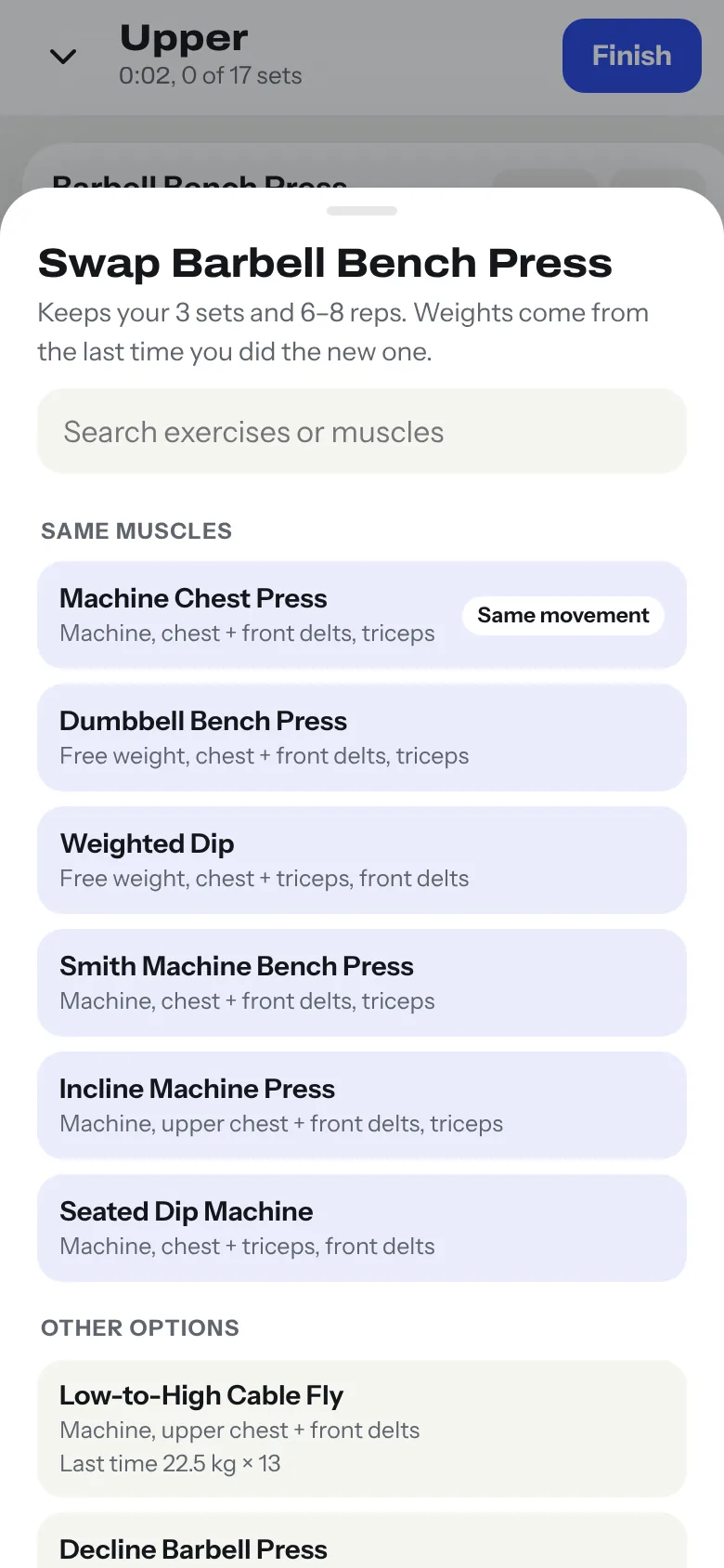 Swap sheet for Barbell Bench Press: Machine Chest Press marked Same movement at the top, then other chest exercises, then every other option