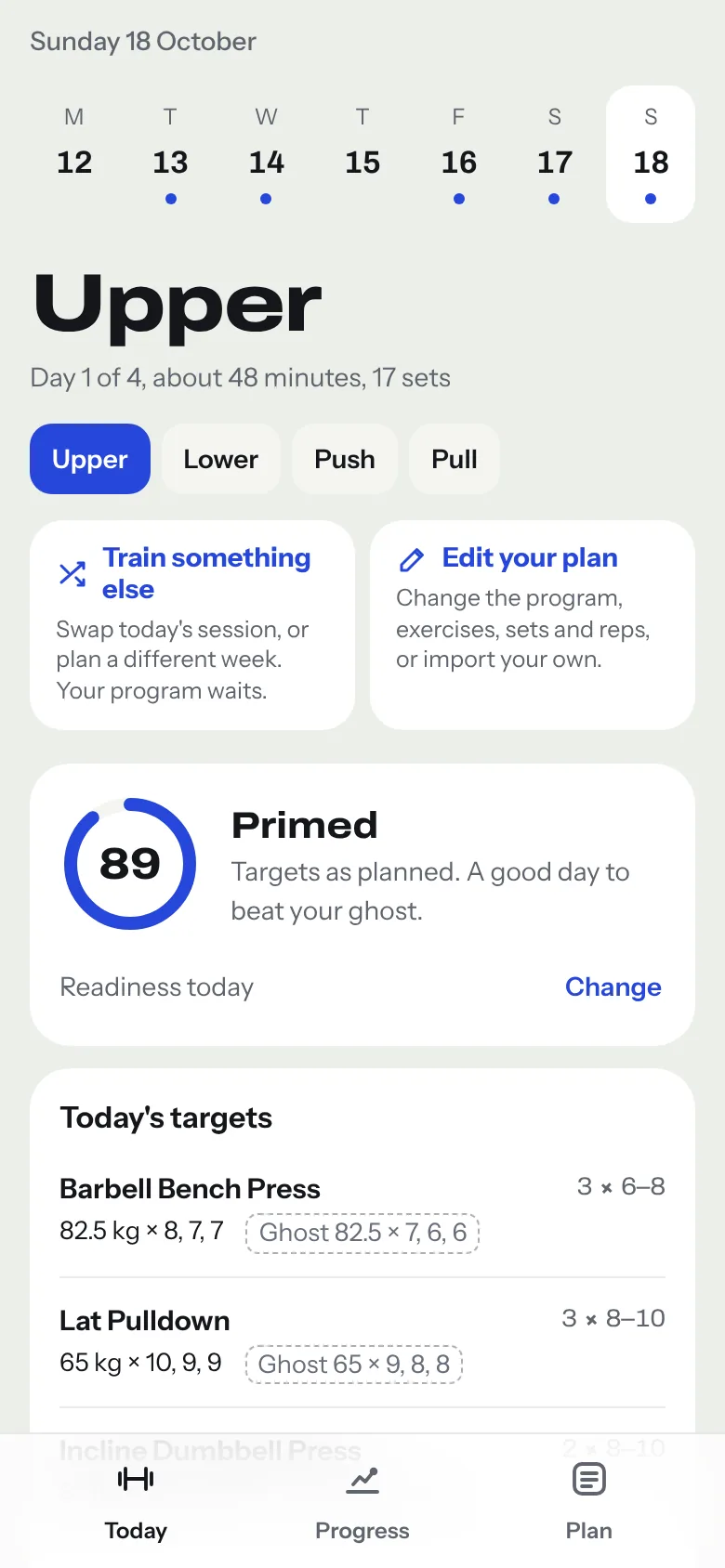 Rival's Today screen: the Upper session, a readiness score of 89 marked Primed, and each lift's target beside its ghost
