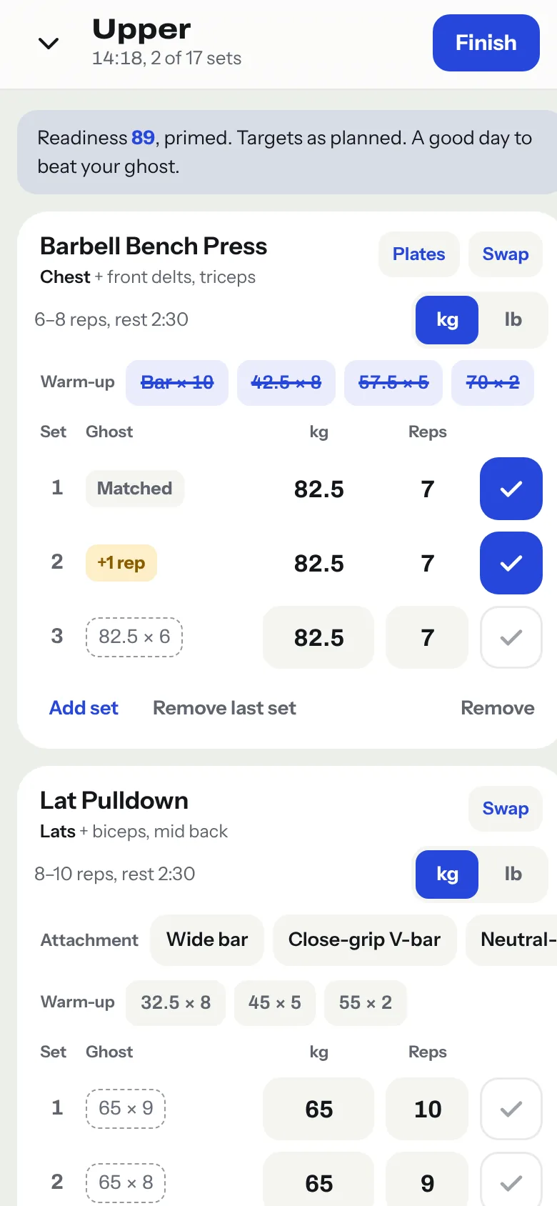 A workout in progress: warm-up sets ticked off, set 1 matched the ghost and set 2 beat it by one rep